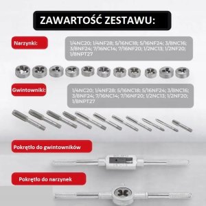 Zestaw gwintowników i narzynek calowych 24el metalowa walizka 5