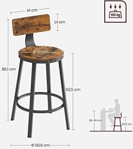 Stołki barowe , stołki kuchenne, zestaw 2 wysokich krzeseł barowych z oparciem, stalowa rama, wysokość siedziska 62,5 cm, łatwy 3