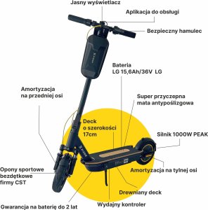 Hulajnoga elektryczna XRIDER M10 Pro - Aplikacja KERS 1000W PEAK  bateria LG 4