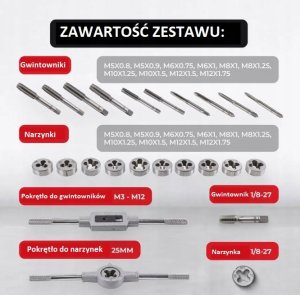 Zestaw gwintowników i narzynek 24el. (M5-M12) metalowa walizka 13