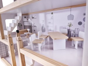 Drewniany Domek Dla Lalek + 18 mebelków + 4 laleczki 11