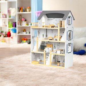 Drewniany Domek Dla Lalek + 18 mebelków + 4 laleczki 17