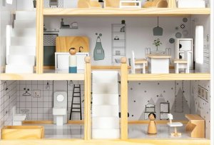 Drewniany Domek Dla Lalek + 18 mebelków + 4 laleczki 20