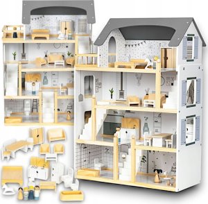 Drewniany Domek Dla Lalek + 18 mebelków + 4 laleczki 22