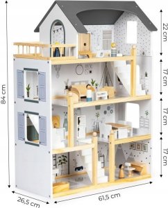 Drewniany Domek Dla Lalek + 18 mebelków + 4 laleczki 25