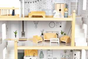 Drewniany Domek Dla Lalek + 18 mebelków + 4 laleczki 30