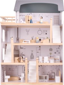 Drewniany Domek Dla Lalek + 18 mebelków + 4 laleczki 3