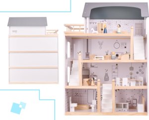 Drewniany Domek Dla Lalek + 18 mebelków + 4 laleczki 4