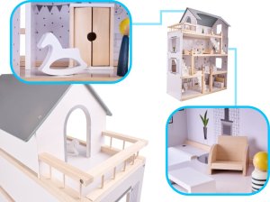 Drewniany Domek Dla Lalek + 18 mebelków + 4 laleczki 5