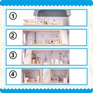 Drewniany Domek Dla Lalek + 18 mebelków + 4 laleczki 7