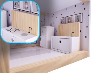 Drewniany Domek Dla Lalek + 18 mebelków + 4 laleczki 9