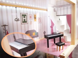 Drewniany domek dla lalek 3 piętra + światło led + taras + meble 19