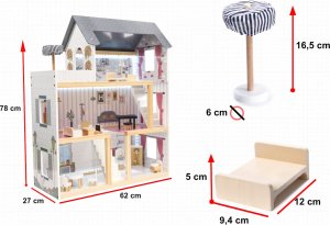 Drewniany domek dla lalek 3 piętra + światło led + taras + meble 25