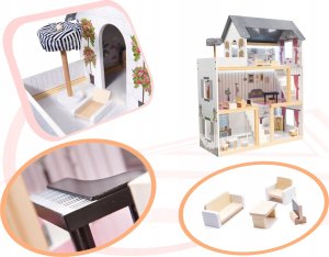Drewniany domek dla lalek 3 piętra + światło led + taras + meble 26