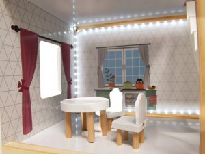 Drewniany domek dla lalek 3 piętra + światło led + taras + meble 31