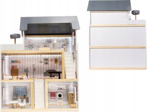 Drewniany domek dla lalek 3 piętra + światło led + taras + meble 37