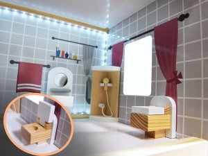 Drewniany domek dla lalek 3 piętra + światło led + taras + meble 8