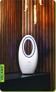 WENTYLATOR BEZŁOPATKOWY PODŁOGOWY OSCYLACJA TIMER PODŚWIETLENIE LED PILOT 10