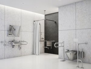 Poręcz łukowa uchylna O 32mm. mocowana do podłogi, wykonana ze stali nierdzewnej kwasoodpornej AISI 304, wykończenie polerowane, możliwość zamątowania uchwytu na papier toaletowy PBPX, wymiar: 600 mm. 5