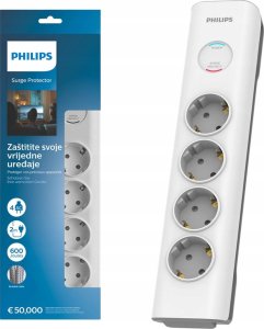 PRZEDŁUŻACZ SIECIOWY PHILIPS LISTWA ZASILAJĄCA BIAŁA 4 GNIAZDA SCHUKO 2M SPN7040WA/58 1