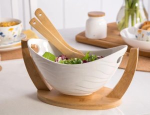 Miska do sałatek z przyborami salaterka z podstawką porcelana Altom Design Regular 4