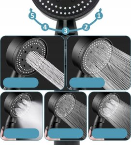 Zestaw Prysznicowy Słuchawka 5 Funkcji Wąż Uchwyt Na Ścianę Natrysk Czarny 8