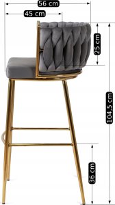Hoker Krzesło Barowe z Oparciem Plecione Złote Nogi Welurowy Szary FLORES 2 11