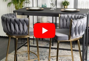 Hoker Krzesło Barowe z Oparciem Plecione Złote Nogi Welurowy Szary FLORES 2 12