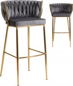 Hoker Krzesło Barowe z Oparciem Plecione Złote Nogi Welurowy Szary FLORES 2 2