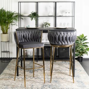 Hoker Krzesło Barowe z Oparciem Plecione Złote Nogi Welurowy Szary FLORES 2 3