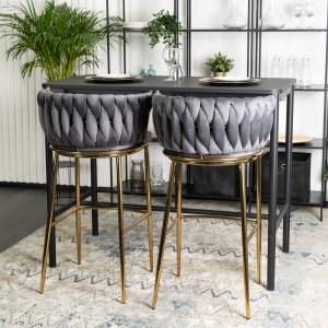 Hoker Krzesło Barowe z Oparciem Plecione Złote Nogi Welurowy Szary FLORES 2 5