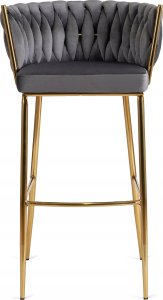 Hoker Krzesło Barowe z Oparciem Plecione Złote Nogi Welurowy Szary FLORES 2 8