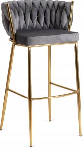 Hoker Krzesło Barowe z Oparciem Plecione Złote Nogi Welurowy Szary FLORES 2 9