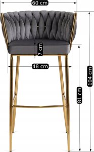 Hoker Krzesło Barowe z Oparciem Plecione Złote Nogi Welurowy Szary FLORES 2 10