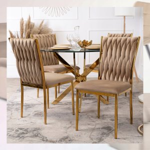 Krzesło Tapicerowane Plecione Glamour DAN Beżowe Do Jadalni Salonu Toaletki 12