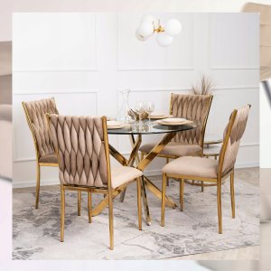 Krzesło Tapicerowane Plecione Glamour DAN Beżowe Do Jadalni Salonu Toaletki 3