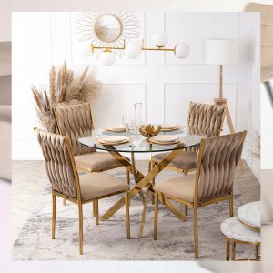 Krzesło Tapicerowane Plecione Glamour DAN Beżowe Do Jadalni Salonu Toaletki 8