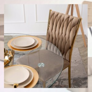 Krzesło Tapicerowane Plecione Glamour DAN Beżowe Do Jadalni Salonu Toaletki 10