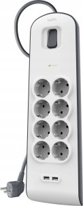 Belkin Listwa zasilająca przeciwprzepięciowa 900J, 8 gniazd Schuko, 2x USB-A, 2m 2