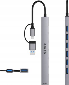 HUB 7-portowy input 2w1: USB-A/USB-C / output: 1x USB-A 3.0 + 6x USB-A 2.0 - szary 3
