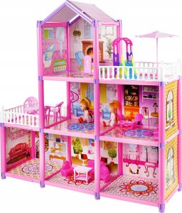 Duży Domek Willa Dla Lalek + Łóżeczko Zjeżdżalnia Meble 2 Lalki Laleczki 2