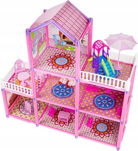 Duży Domek Willa Dla Lalek + Łóżeczko Zjeżdżalnia Meble 2 Lalki Laleczki 8