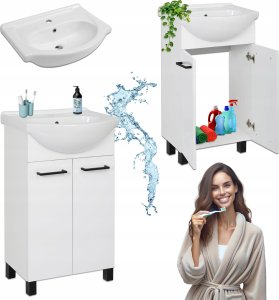 Biała Szafka Stojąca Front Lakier Umywalka 51 x 42,5 x 85,9 Czarne Uchwyty 1