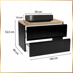 Szafka Wisząca Mod Czarna + Blat Dąb Złoty 100 Połysk Umywalka Nablatowa 50 13