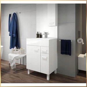 Łazienkowa Biała Szafka z Umywalką Catania 60 Połysk Kran Obrotowy Syfon 14