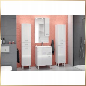 Łazienkowa Biała Szafka z Umywalką Catania 60 Połysk Kran Obrotowy Syfon 15