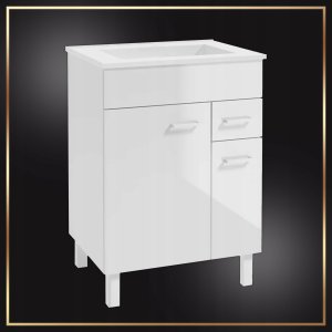 Łazienkowa Biała Szafka z Umywalką Catania 60 Połysk Kran Obrotowy Syfon 2