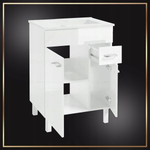 Łazienkowa Biała Szafka z Umywalką Catania 60 Połysk Kran Obrotowy Syfon 3