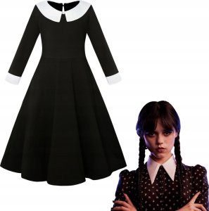 CZARNA SUKIENKA WEDNESDAY ADDAMS PRZEBRANIE HALLOWEEN STRÓJ KARNAWAŁOWY 130 1