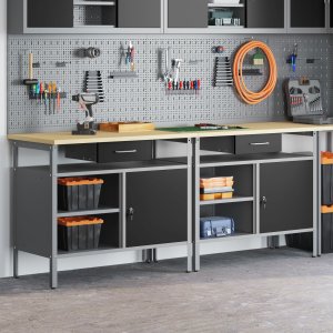 vidaXL Zestaw 2 Czarny i Szary Stal Ławka warsztatowa Prostokątna 3